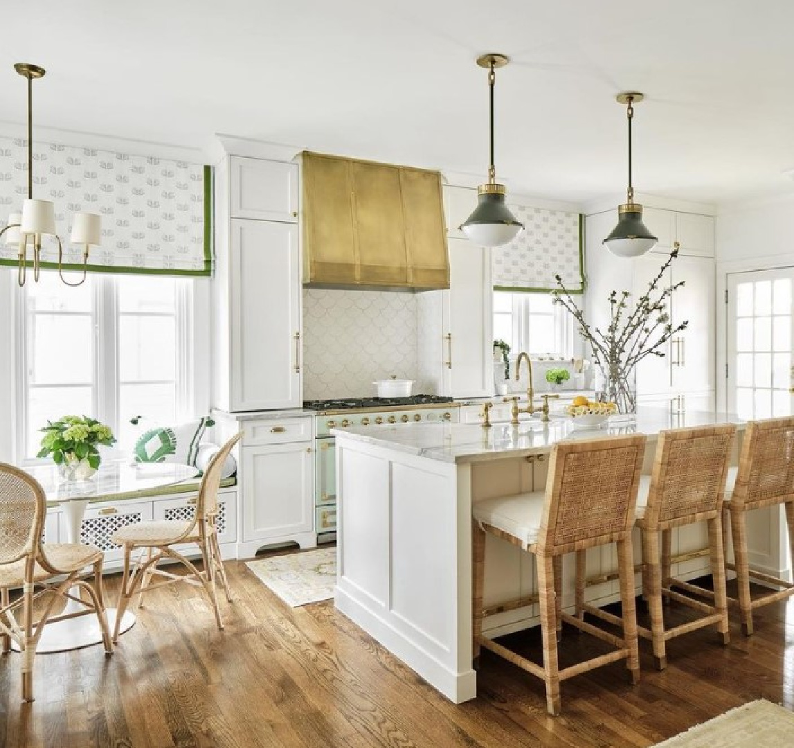 M. E. Beck Design - Benjamin Moore White Dove in renovated kitchen with brass range hood in Maria E. Beck's 1931 renovated Texas home. #traditionalstyle #bmwhitedove #timelesskitchen