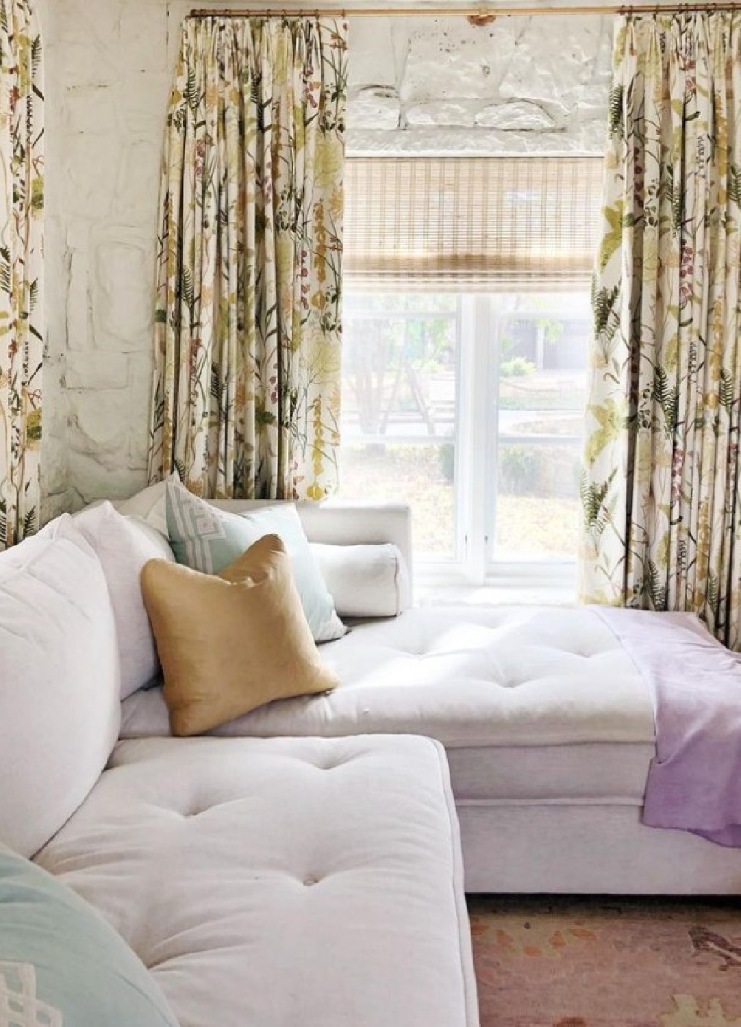 Lavender velvet tufted sectional - in Maria E. Beck's 1931 renovated Texas home. #traditionalstyle #sophisticatedinterior#timelessdesign