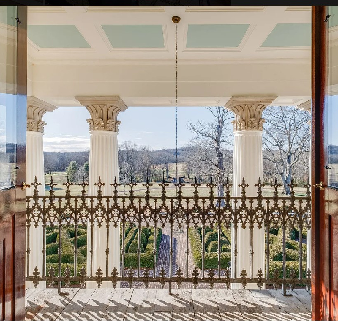 Exquisite detailed porch ceiling with haint blue insets at an 1836 historic home property on Old Hillsboro in Franklin, TN.