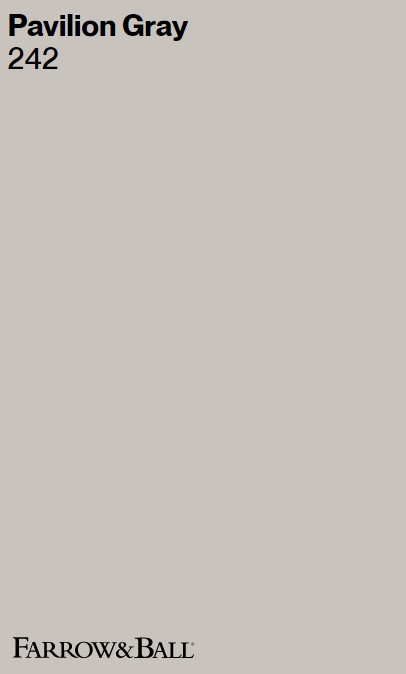 Farrow & Ball Pavilion Gray 242 paint color swatch. #farrowandballpaviliongray #bestgraypaintcolors