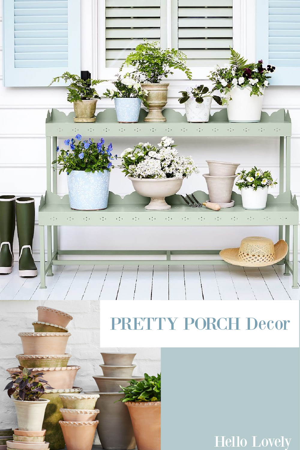 Pretty porch decor from Pottery Barn with sage green plant stand and vintage style pots - Hello Lovely Studio. #porchdecor #plantstands