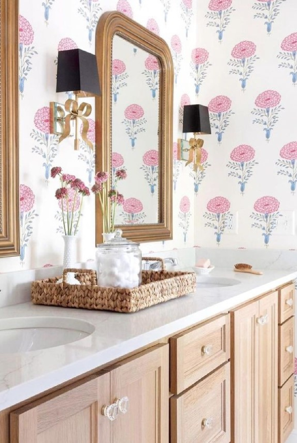 @scovell_remodeling - Beautiful wallpaper with pink floral pattern. #bathroomdesign #bathroomwallpaper