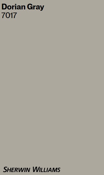 Sherwin Williams Dorian Gray 7017 paint color swatch. #doriangray #bestgraypaintcolors #swdoriangray