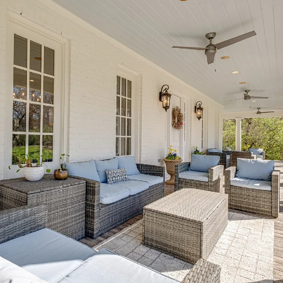 Beautiful haint blue ceiling on a porch on Stableford in Franklin, TN. #haintblue #frontporches