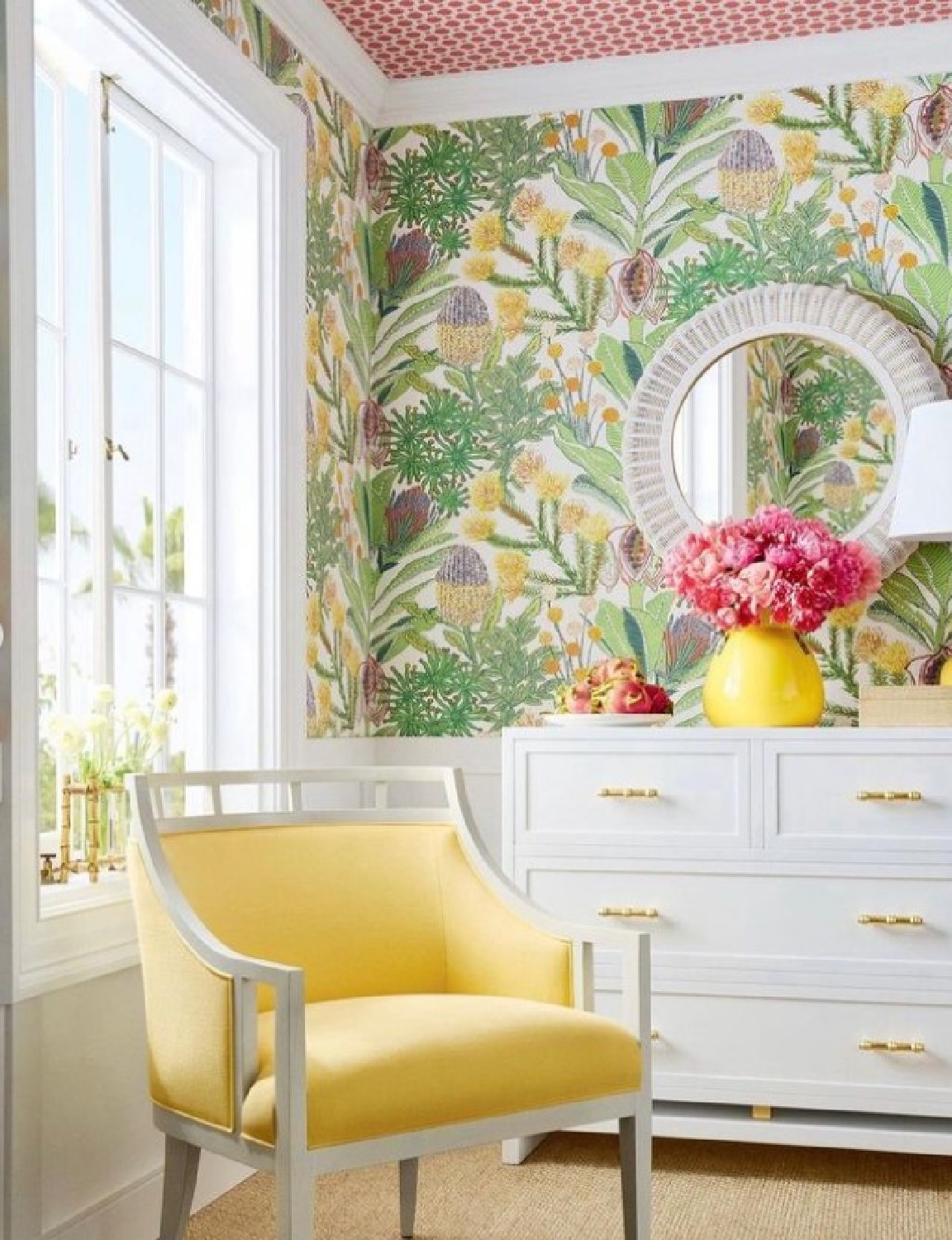 @thibaut_1886 - Beautiful wallpapered bedroom with dresser and yellow chair.