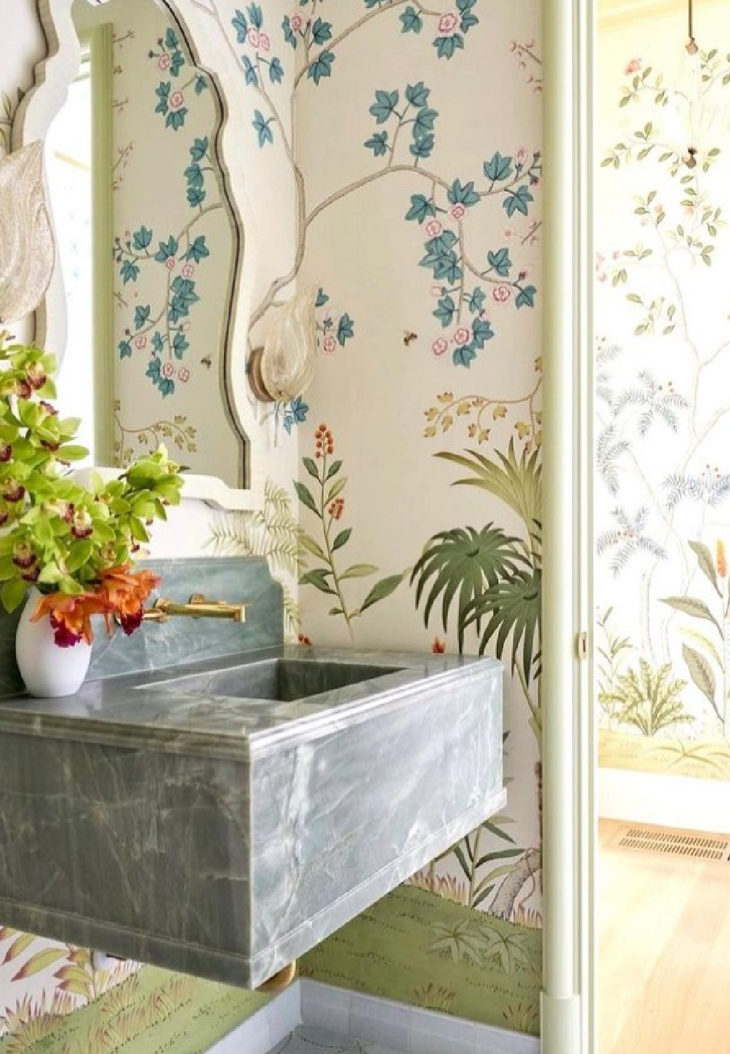 @williams_s_briggs - beautiful wallpapered bath with stone sink. #bathroomdesign #bathroomwallpaper