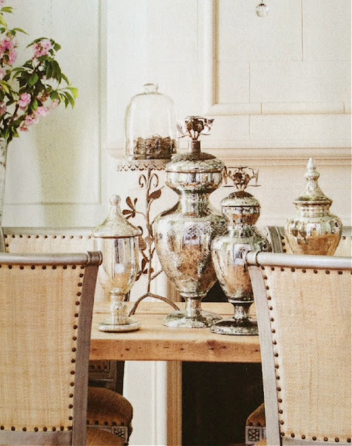French country dining room with mercury glass on table - Desiree Ashworth (styling by Bonnie Broten for COUNTRY FRENCH magazine). #frenchcountrydiningroom