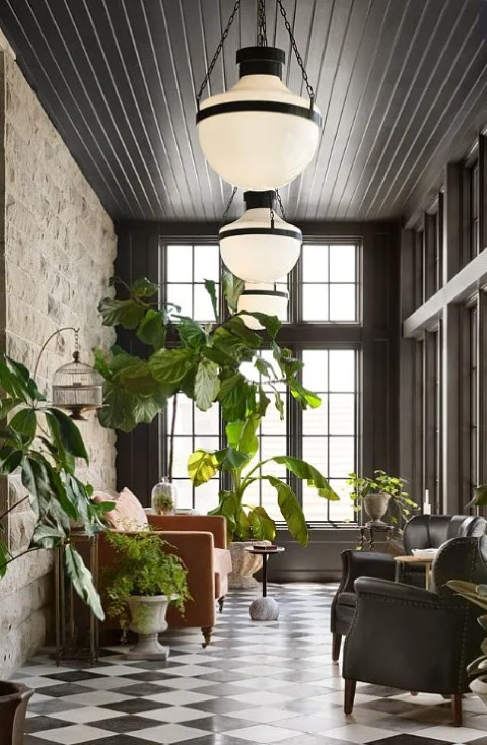 Conservatory (a dark warm rich charcoal Gray paint color by Kilz - Magnolia's Castle Collection by Joanna Gaines) in conservatory of Fixer Upper The Castle (Waco, TX). #thecastle #fixerupperthecastle