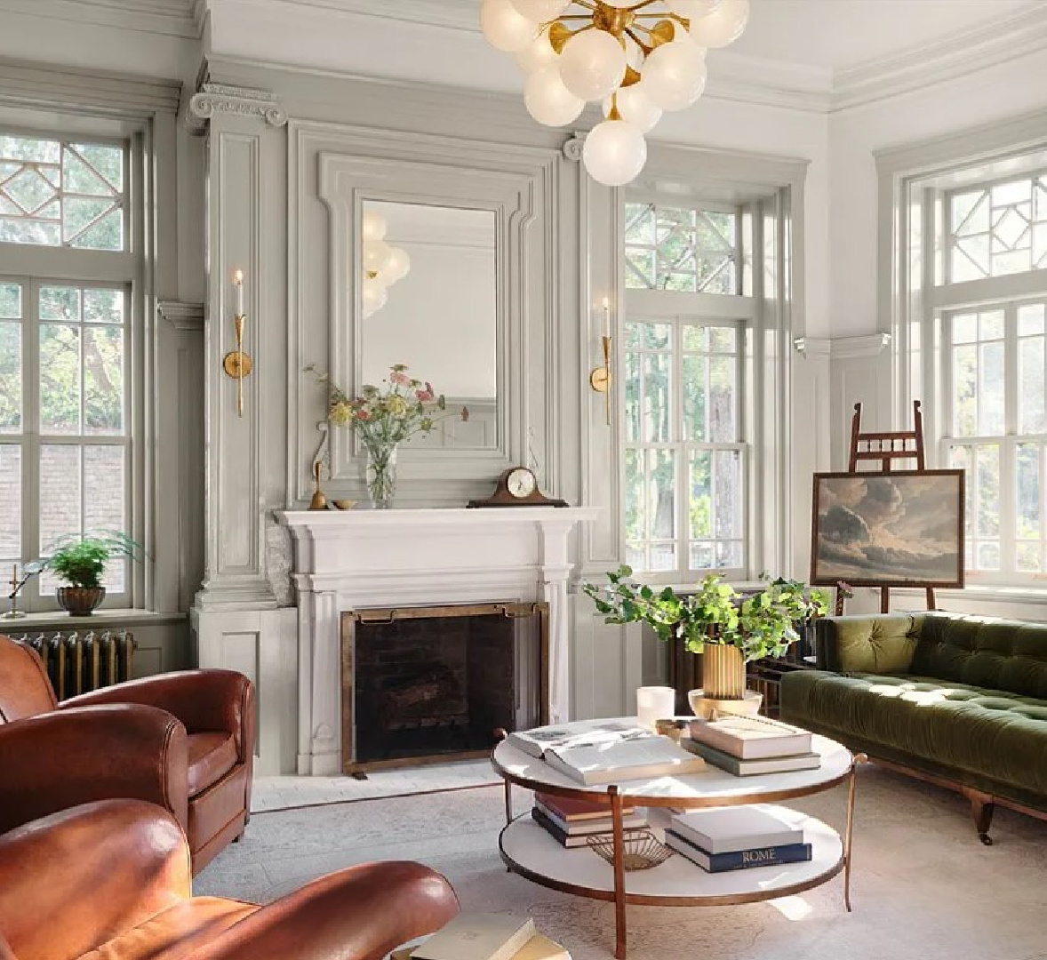 Drawing Room (a soft French Gray paint color by Kilz - Magnolia's Castle Collection by Joanna Gaines) on paneling in Fixer Upper The Castle (Waco, TX). #thecastle #fixerupperthecastle