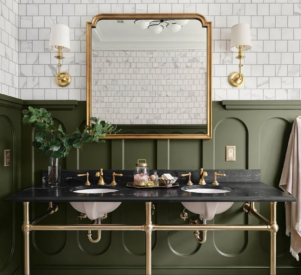 Step Stool Green (an olive green paint color by Kilz - Magnolia's Castle Collection by Joanna Gaines) on paneled walls in a bath with subway tile in Fixer Upper The Castle (Waco, TX). #thecastle #fixerupperthecastle