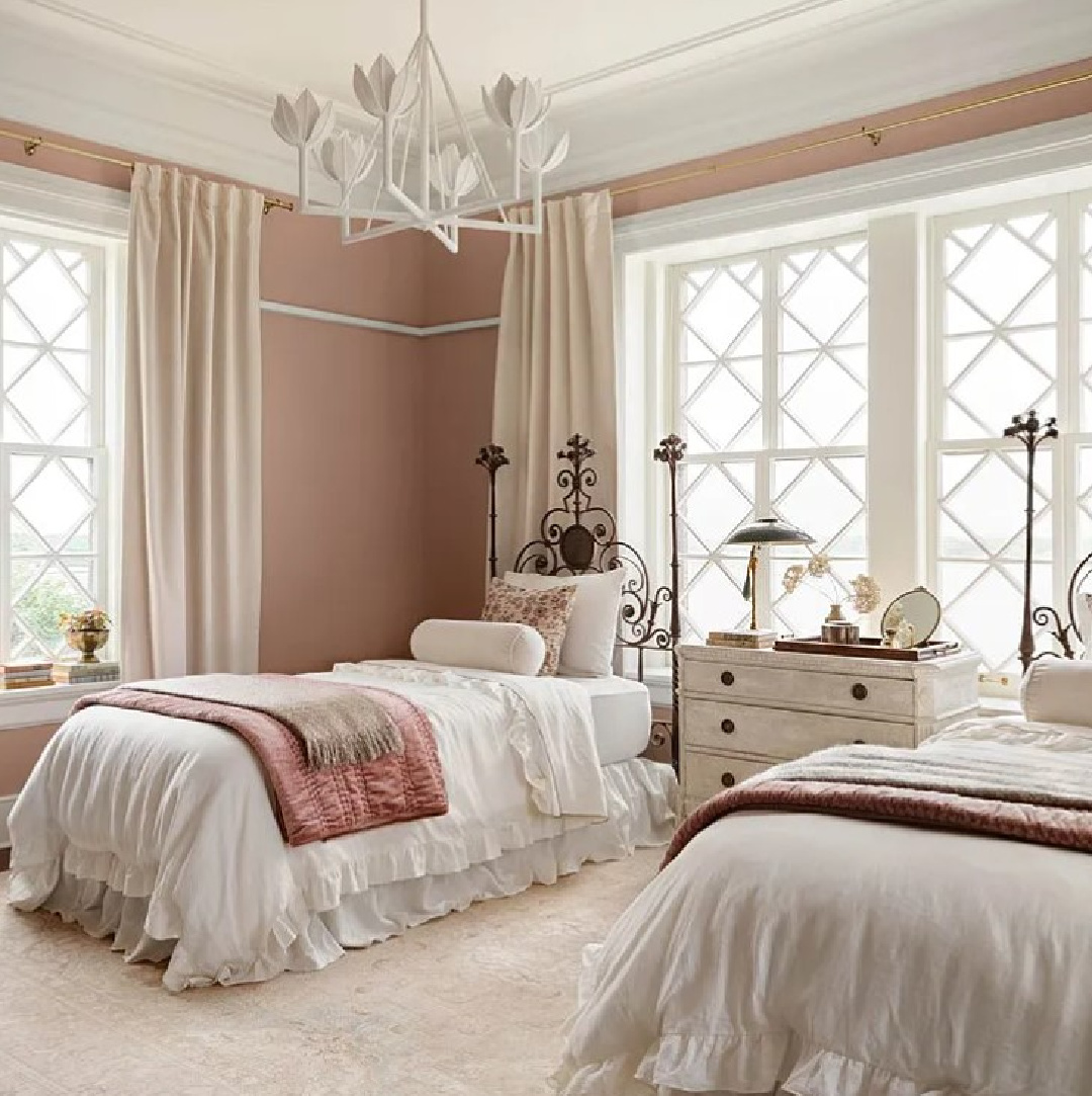 Rosy Pink (Kilz - Magnolia's Castle Collection by Joanna Gaines) on walls of beautiful pink bedroom in Fixer Upper The Castle (Waco, TX). #thecastle #fixerupperthecastle