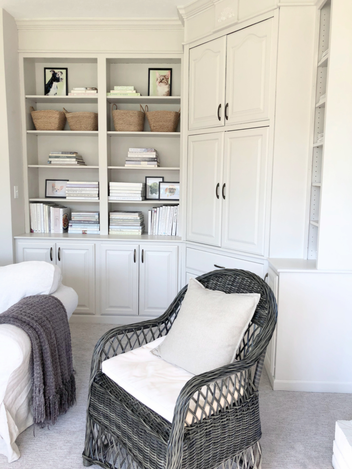 SW Agreeable Gray in tonal family room with built-ins and Belgian linen - Hello Lovely Studio. #swagreeablegray