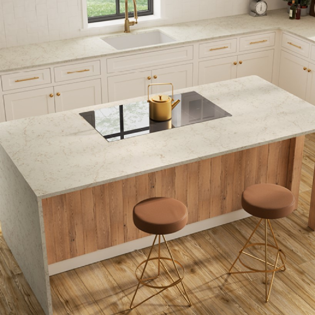 Allegro quartz (Viatera) counters in a kitchen with waterfall island - @cictops. #allegroquartz #whitequartzcounters