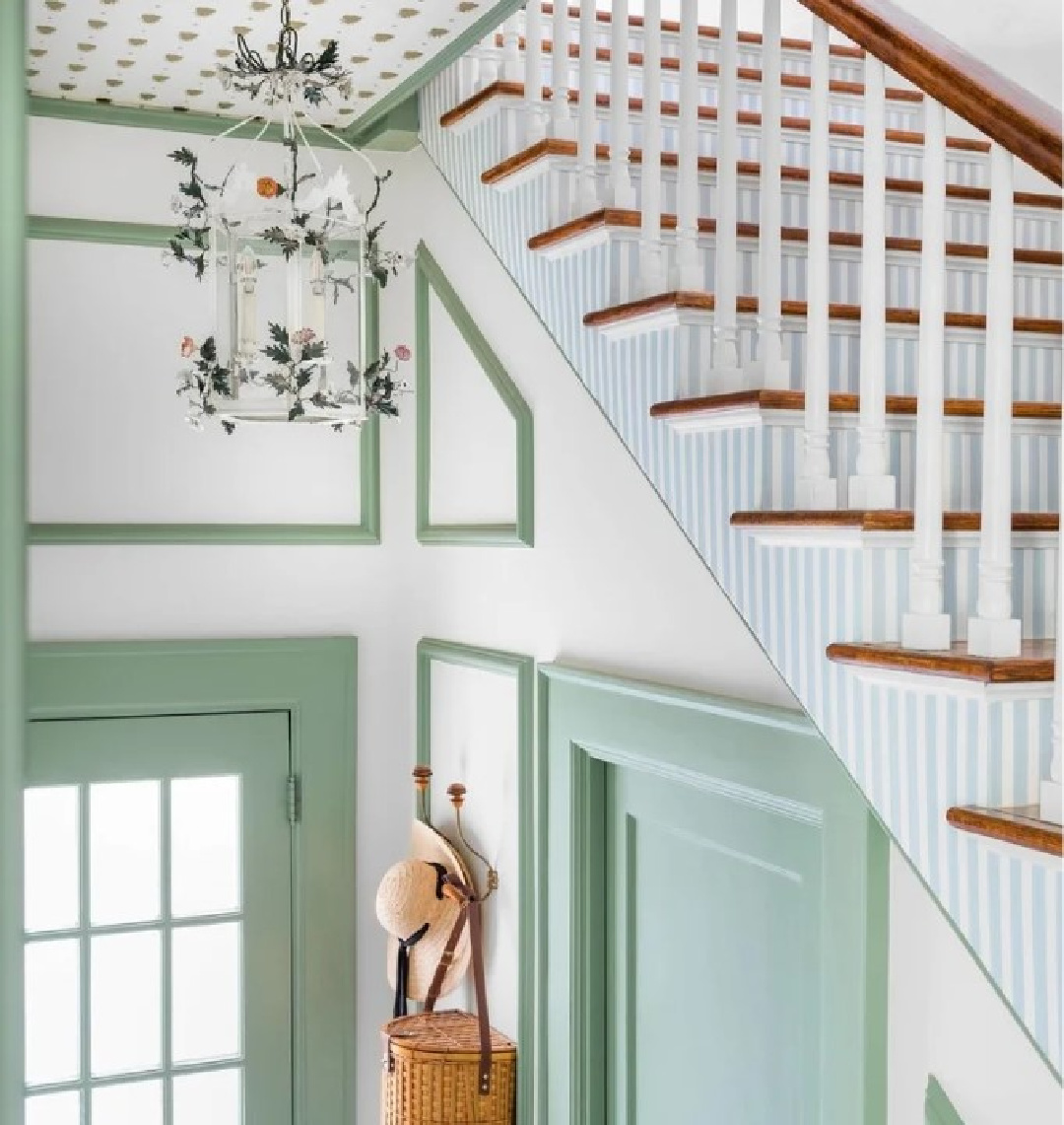 Farrow & Ball Breakfast Room Green painted trim in a whimsical entry with staircase - @astoriedstyle. #breakfastroomgreen