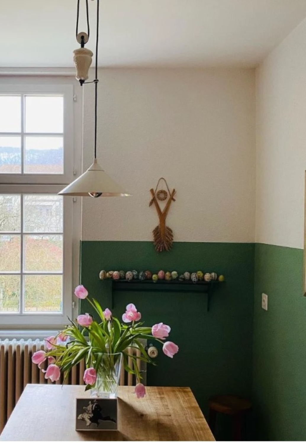 Breakfast Room Green (Farrow & Ball) faux wainscot on wall with white above - @atruthinteriors. #breakfastroomgreen