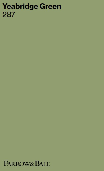 Farrow & Ball Yeabridge Green paint color swatch. #yeabridgegreen