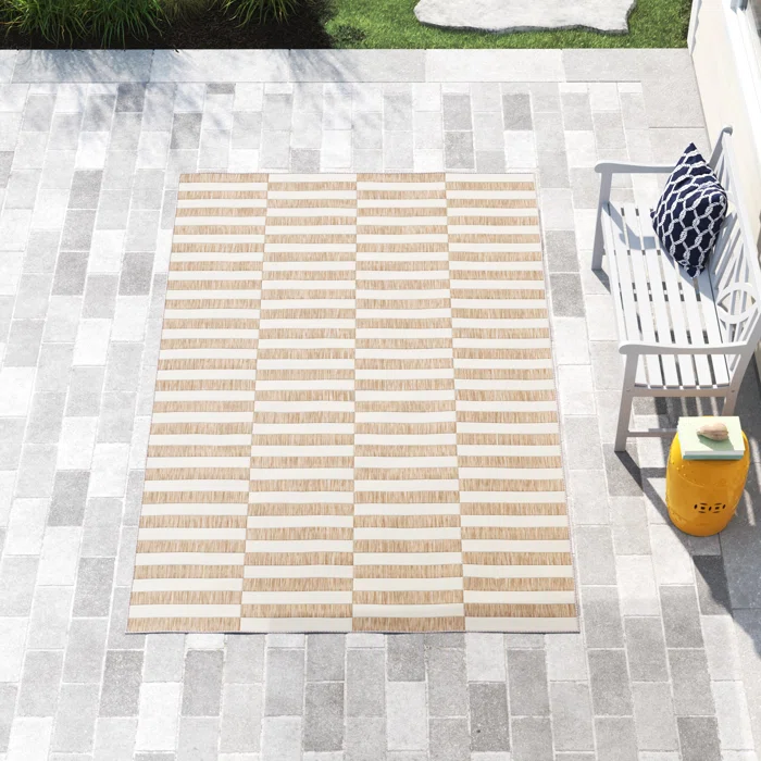 Stripe indoor/outdoor area rug with taupe and ivory