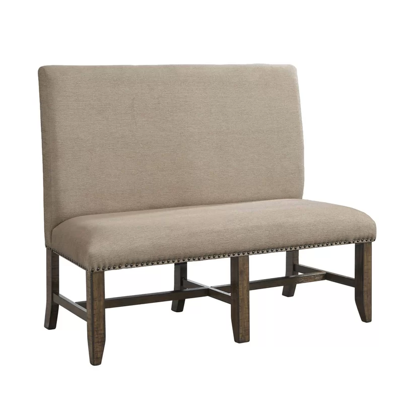 Upholstered linen bench with back and nailhead trim