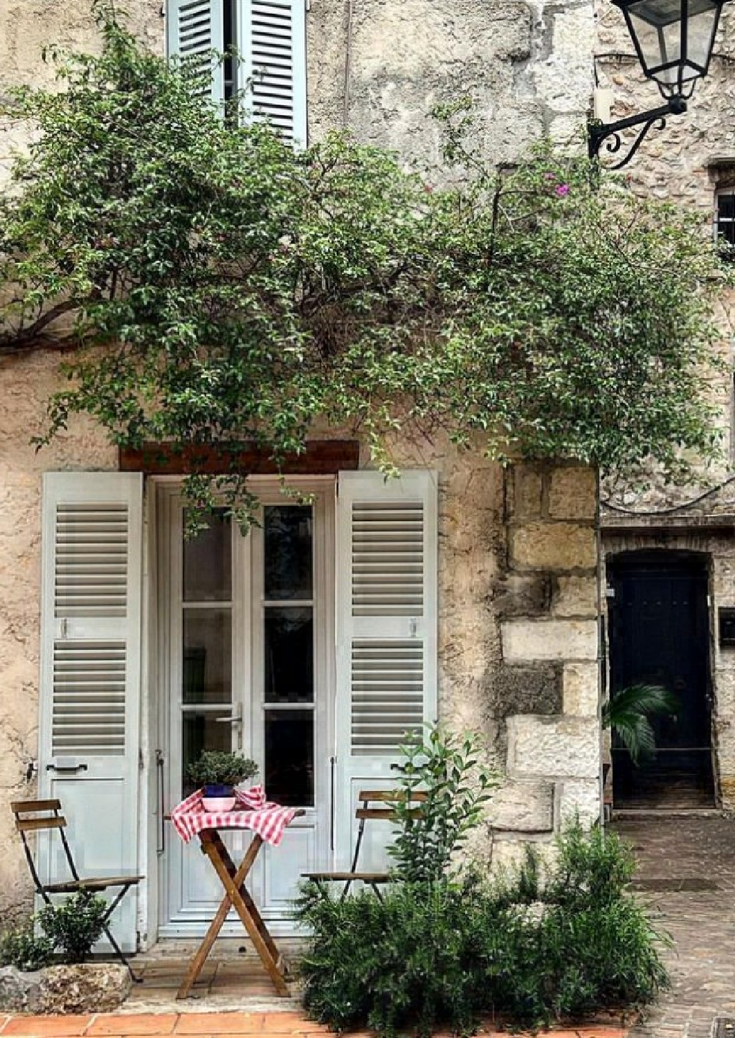 @knetcrumb - beautiful limestone exterior of French farmhouse with Gray Blue shutters. #oldworldstyle #frenchfarmhouse #frenchhomes