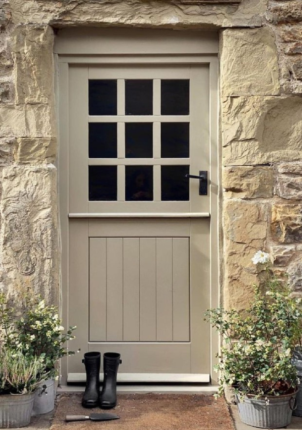 Farrow & Ball Light Gray front door - @stephgowla. Pale stone exterior and green-gray Dutch door on an English country cottage. #englishcountrycottage #farrowandballlightgray