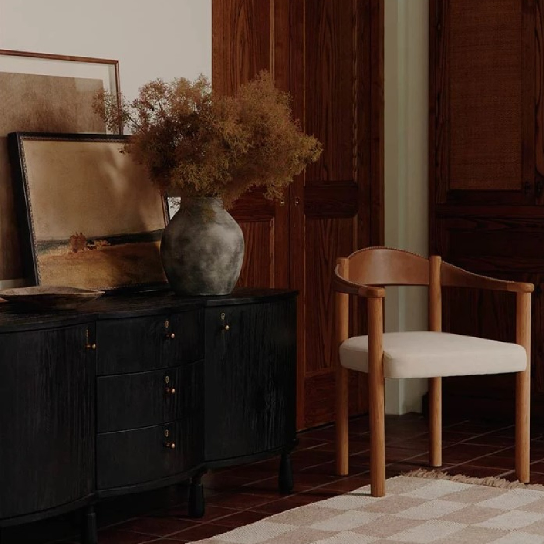 Living room with cozy California organic vibe and dark dresser - Amber Lewis. #cozymodern #amberlewis