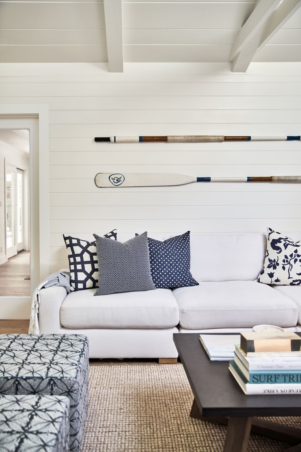 Chantilly Lace (Benjamin Moore) in coastal living room with shiplap, oars, and design by Kriste Michelini Interiors. House Beautiful - Photo: Thomas Kuoh. #chantillylace