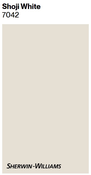 Sherwin-Williams Shoji White paint color swatch. #swshojiwhite #shojiwhite #whitepaintcolors