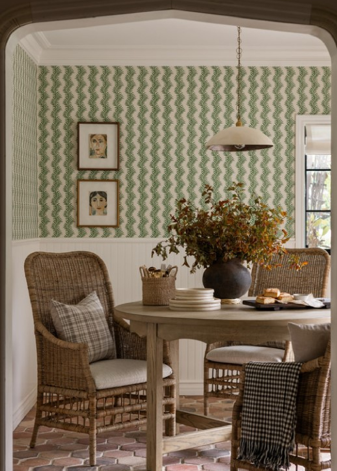 Green wallpapered dining room - Amber Lewis (Shoppe Amber Interiors) designed fall interior. #greenwallpaper #diningroomdecor #modernrusticinteriors