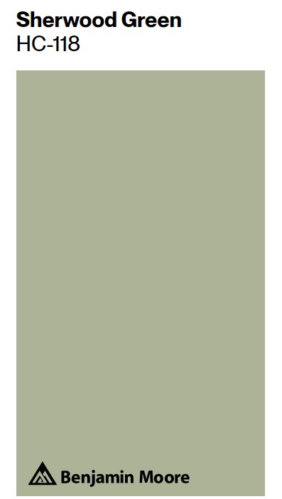 Benjamin Moore Sherwood Green HC-118 paint color swatch. #sagegreenpaintcolors #sherwoodgreen