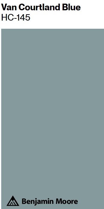 Benjamin Moore Van Courtland Blue HC-145 paint color swatch. #bmvancourtlandblue #vancourtlandblue