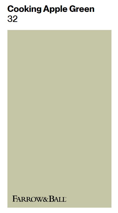 Farrow & Ball Cooking Apple Green No. 32 paint color swatch. #cookingapplegreen #sagegreenpaintscolor #bestsagepaintcolor