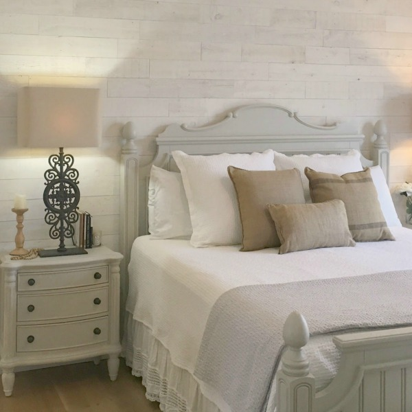 Serene Nordic French bedroom with Stikwood accent wall and RH Paris gate lamps - Hello Lovely Studio. #stikwoodhamptons