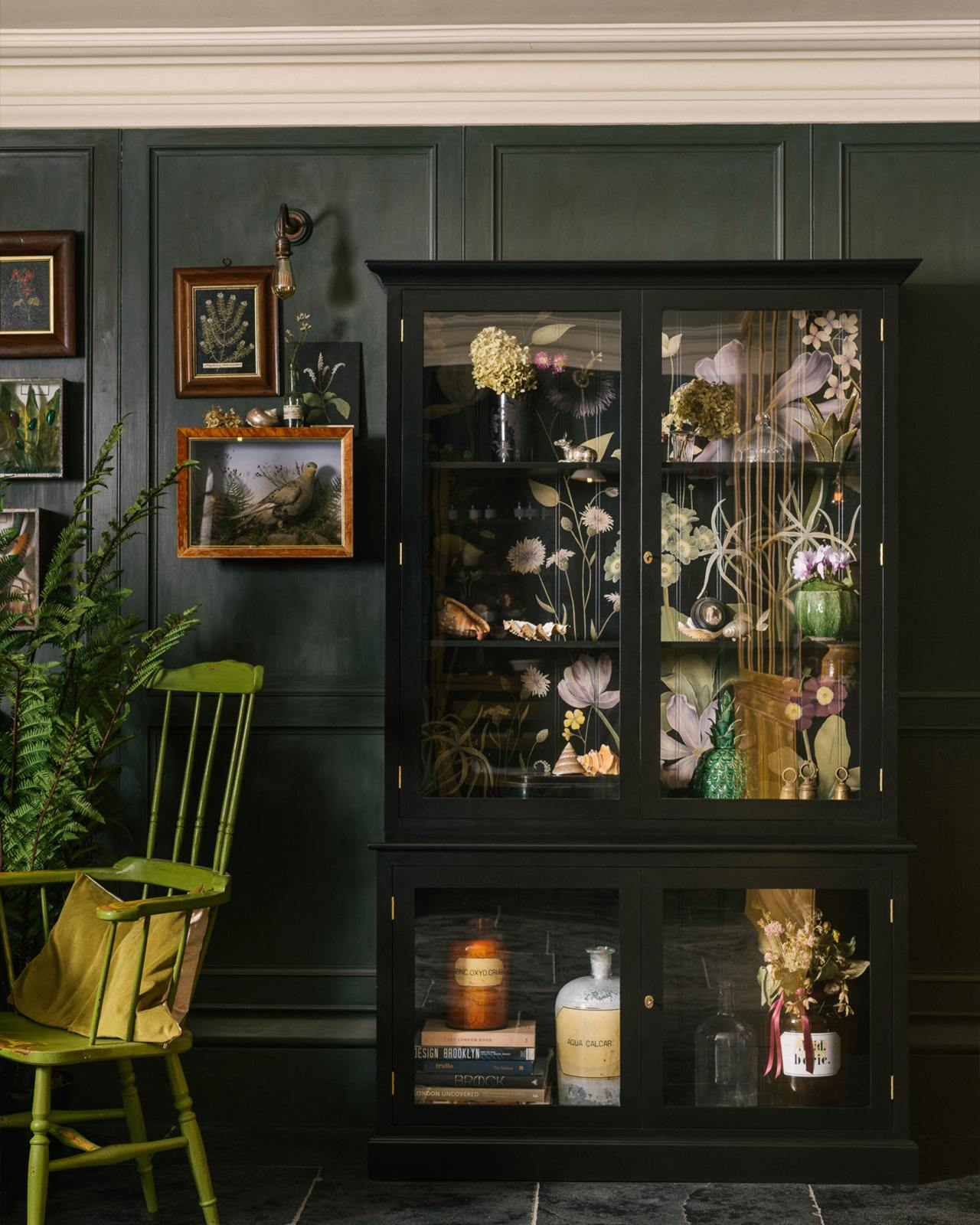 The Botanical Decorated Cupboard, deVOL. Beeautiful handpainted design inside a lovely English country bespoke cabinet with glass doors. #devolkitchens