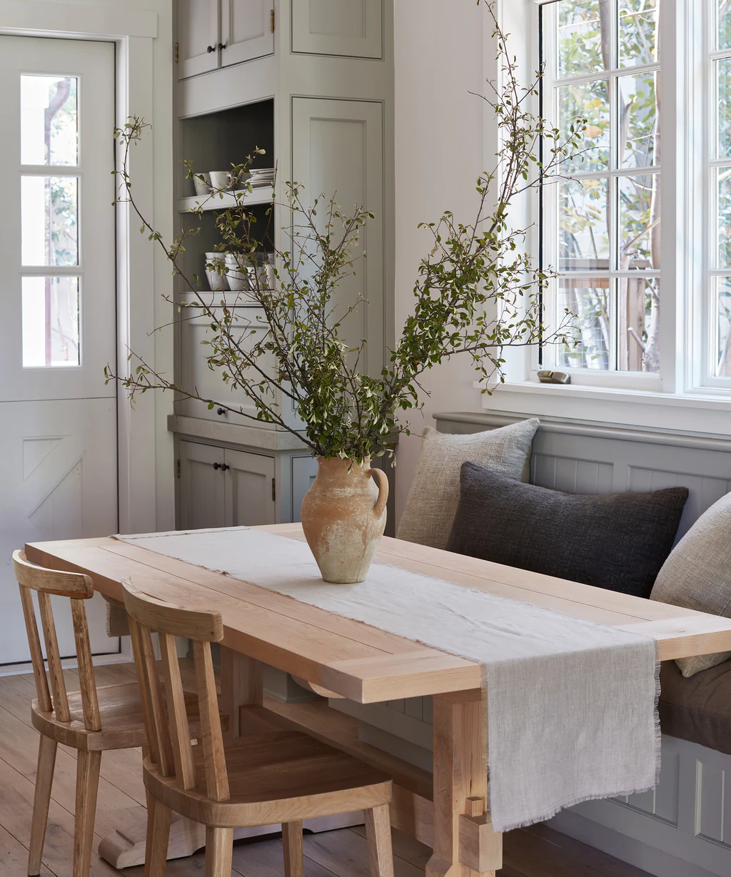 Frayed Linen Runner on a trestle table in a lovely California warm modern kitchen - Jenni Kayne Home. #linenrunner #warmmodernrustic