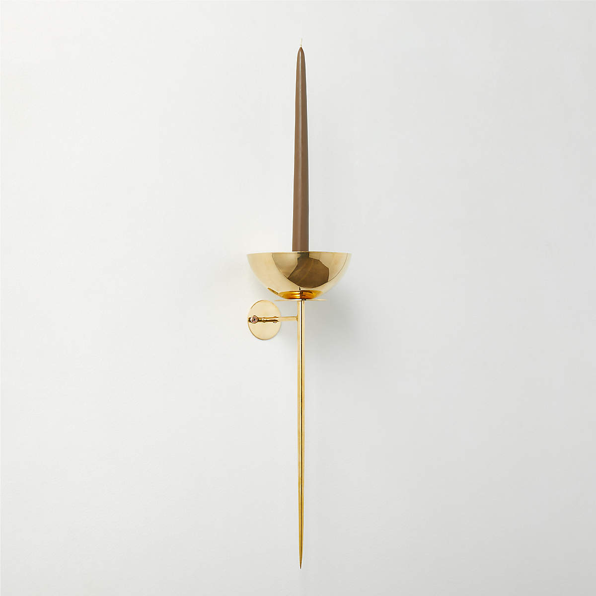 Vela Unlacquered Brass Wall Sconce Taper Candle Holder, CB2. #unlacqueredbrass #brasssconce