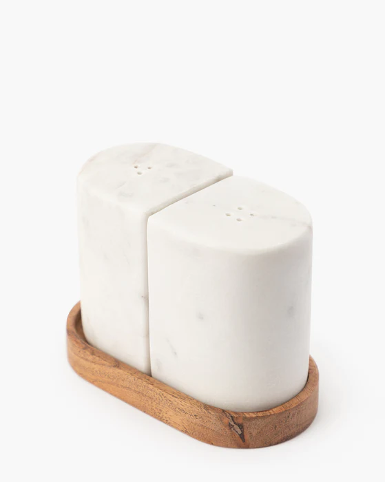 Marble salt and pepper shakers on wood tray, McGee & Co.
