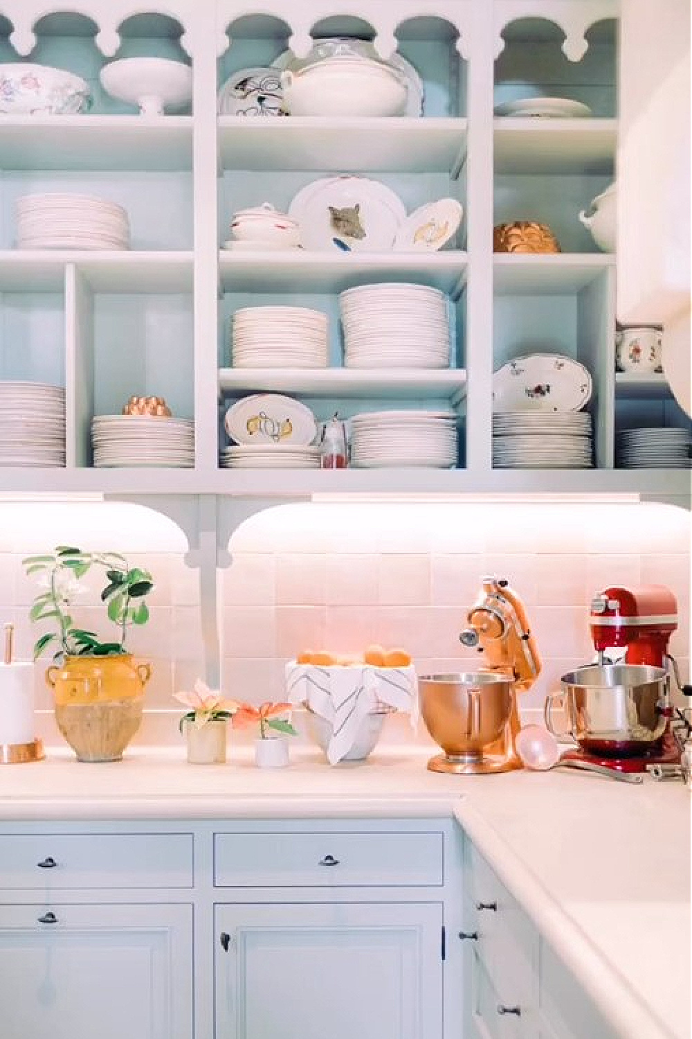 Provence kitchen with cabinets painted Farrow & Ball Light Blue - @provencepoiriers. #frenchkitchen #frenchchristmas #bluekitchens