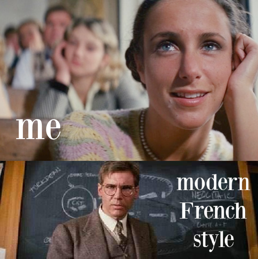 Funny meme from Raiders of the Lost Ark classroom scene with student gazing at Harrison Ford.