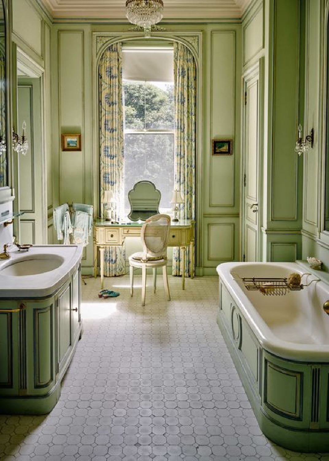 Elegant sage green French chateau bathroom in an exquisite Newport mansion. #sagegreen #frenchchateau