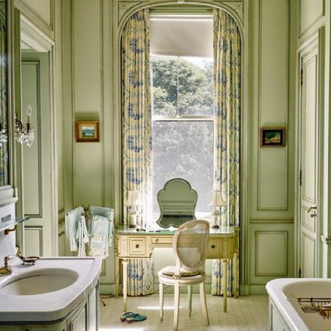 Elegant sage green French chateau bathroom in an exquisite Newport mansion. #sagegreen #frenchchateau