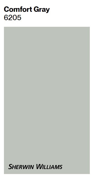 Sherwin-Williams Comfort Gray 6205 paint color swatch. #swcomfortgray #comfortgray #sagepaintcolors