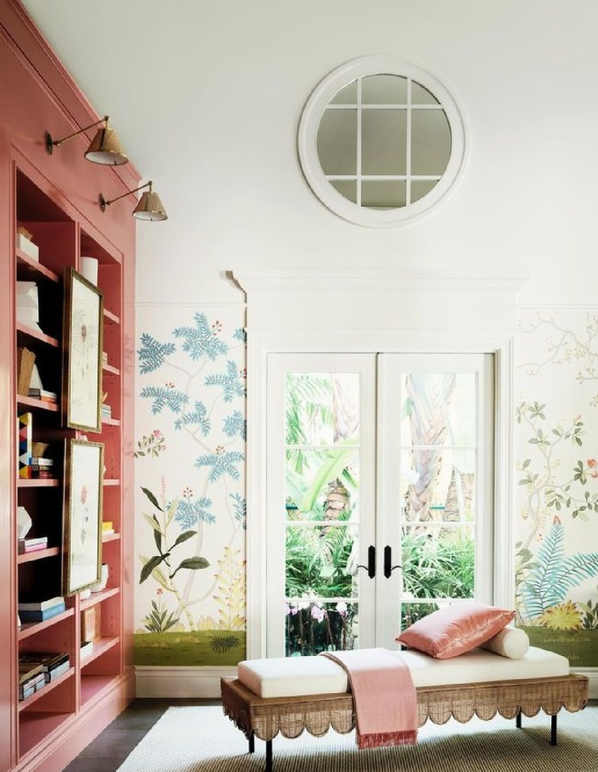 Suzanne Kasler designed interior with bold salmon pink builtins (Custis Salmon by Benjamin Moore) for 2020 Kips Bay Showhouse - photo by Douglas Friedman. #custissalmon #pinkinteriors #suzannekasler
