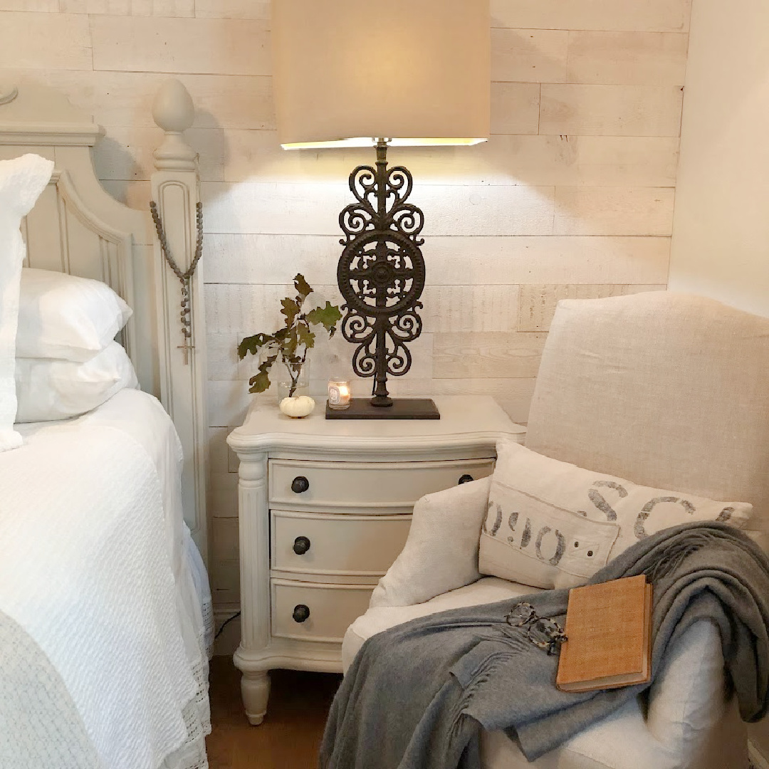 Hello Lovely European country bedroom with Stikwood shiplap (Hamptons), Montara pillow on bed (Amber Lewis x Loloi) and Belgian linen chair. #europeancountry #romanticbedrooms