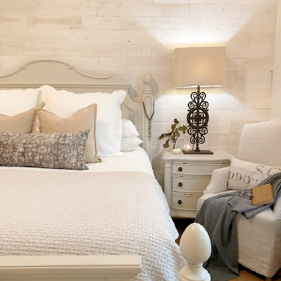 Hello Lovely European country bedroom with Stikwood shiplap (Hamptons), Montara pillow on bed (Amber Lewis x Loloi) and BM Revere Pewter painted furniture. #reverepewter #europeancountry #romanticbedrooms