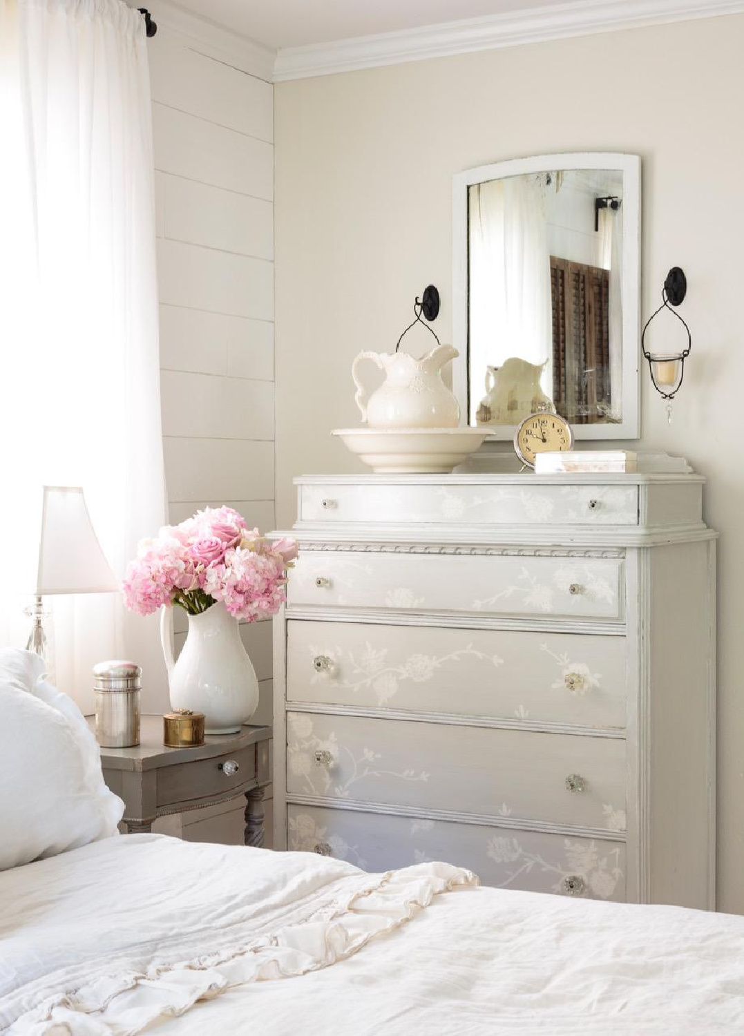 Serene, romantic, ethereal white painted dresser in Fifi O'Neill's SHADES OF WHITE (CICO Books, 2021). #fifioneill #whiteinteriors