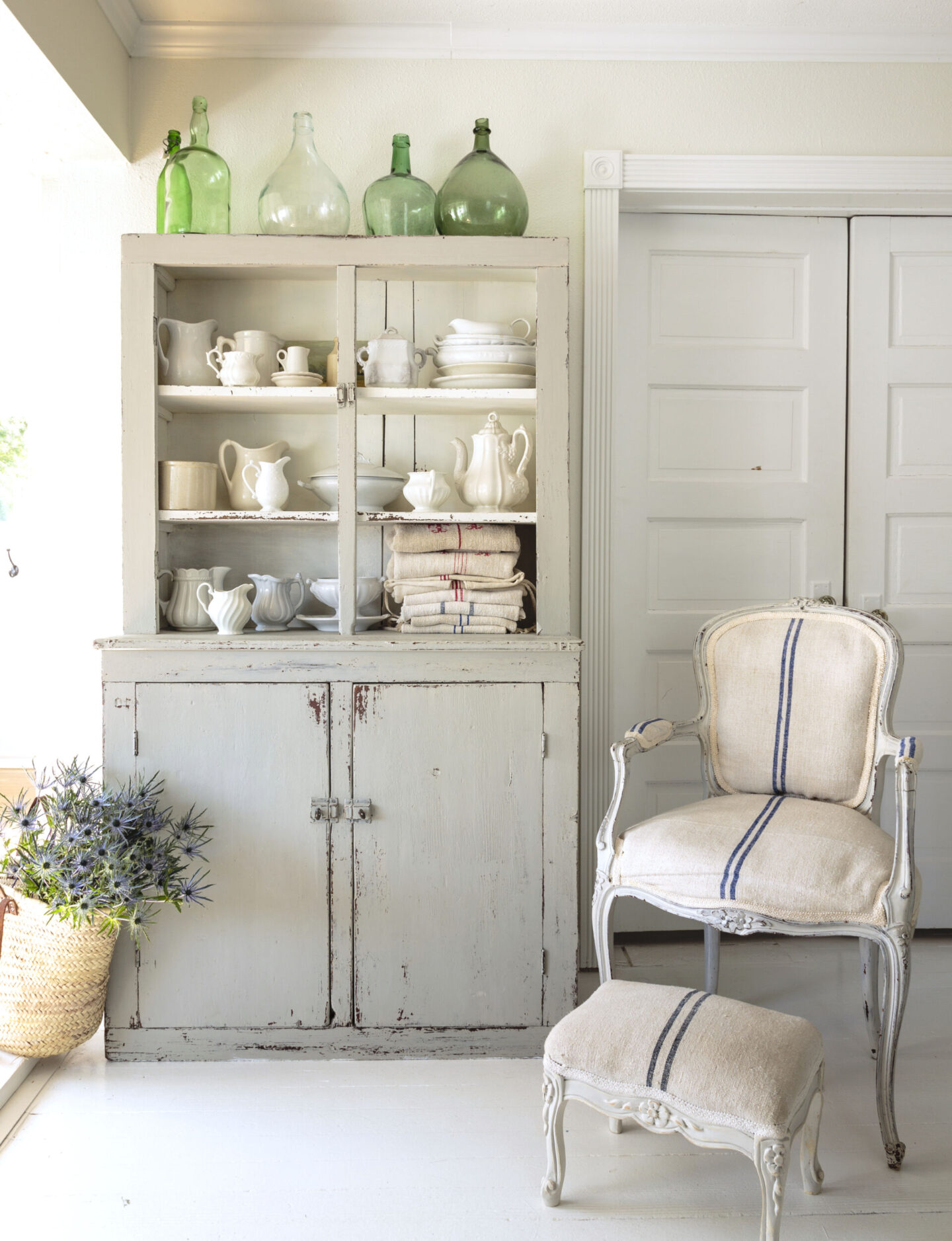 Lovely vintage country cupboard with Louis style chair - from Fifi O'Neill's SHADES OF WHITE. Photo by Mark Lohman.