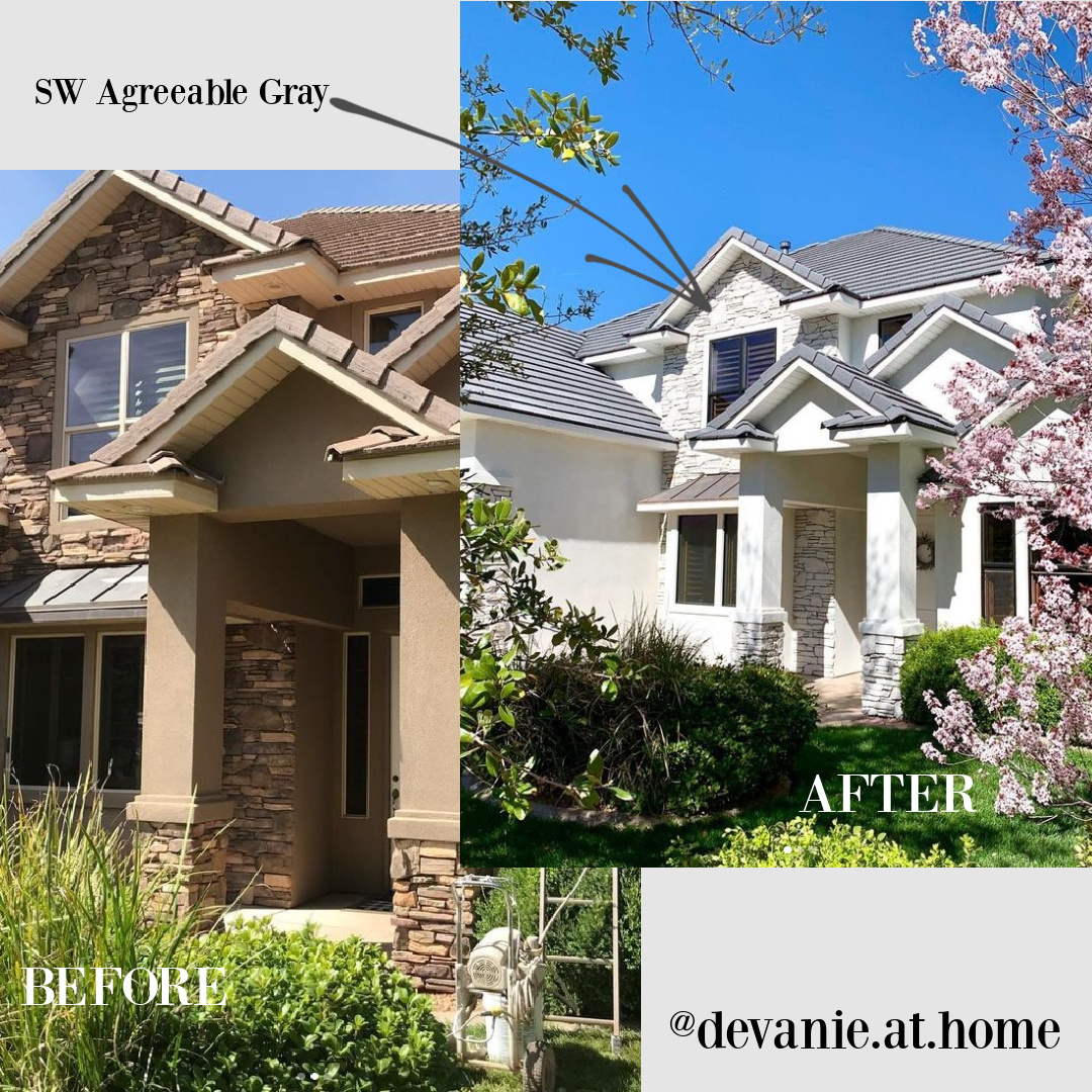 Before and after house exterior painted SW Agreeable Gray on stone and Pure White on stucco - @devanie_at_home. #agreeablegray #purewhite