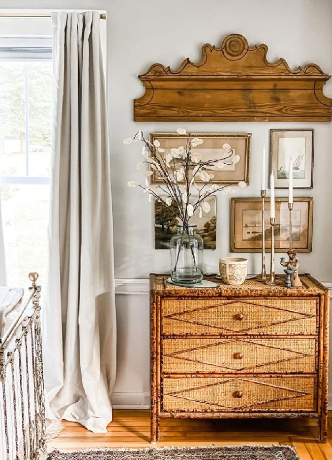 SW Agreeable Gray on bedroom wall with beautiful gallery arrangement over chest - @carriedawayantiques. #agreeablegray