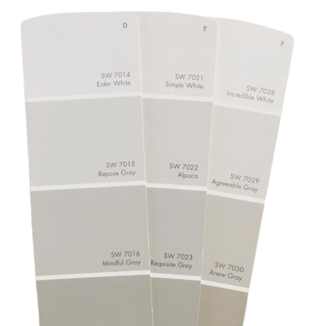 Sherwin Williams grey paint color swatch cards.
