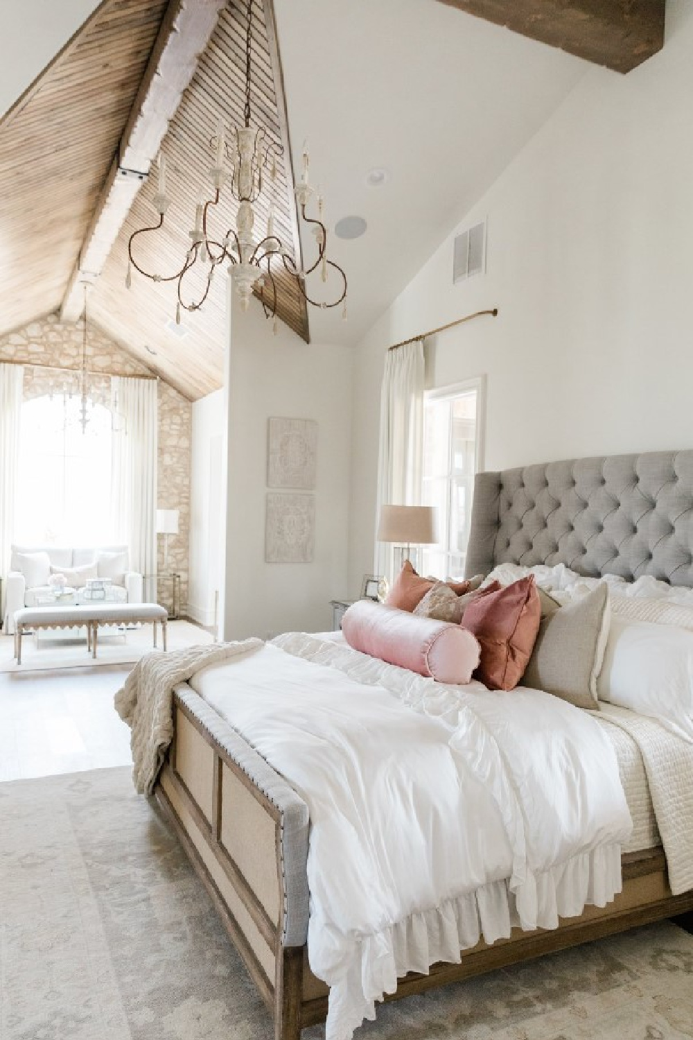 Sherwin-Williams Alabaster in a beautiful country French new build in Texas bedroom with elegant chandelier - design by Brit Jones. #swalabaster #modernfrench